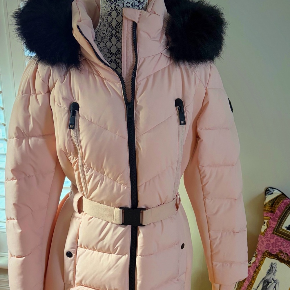Michael Kors Light Pink Puffer Jacket with Black Faux Fur